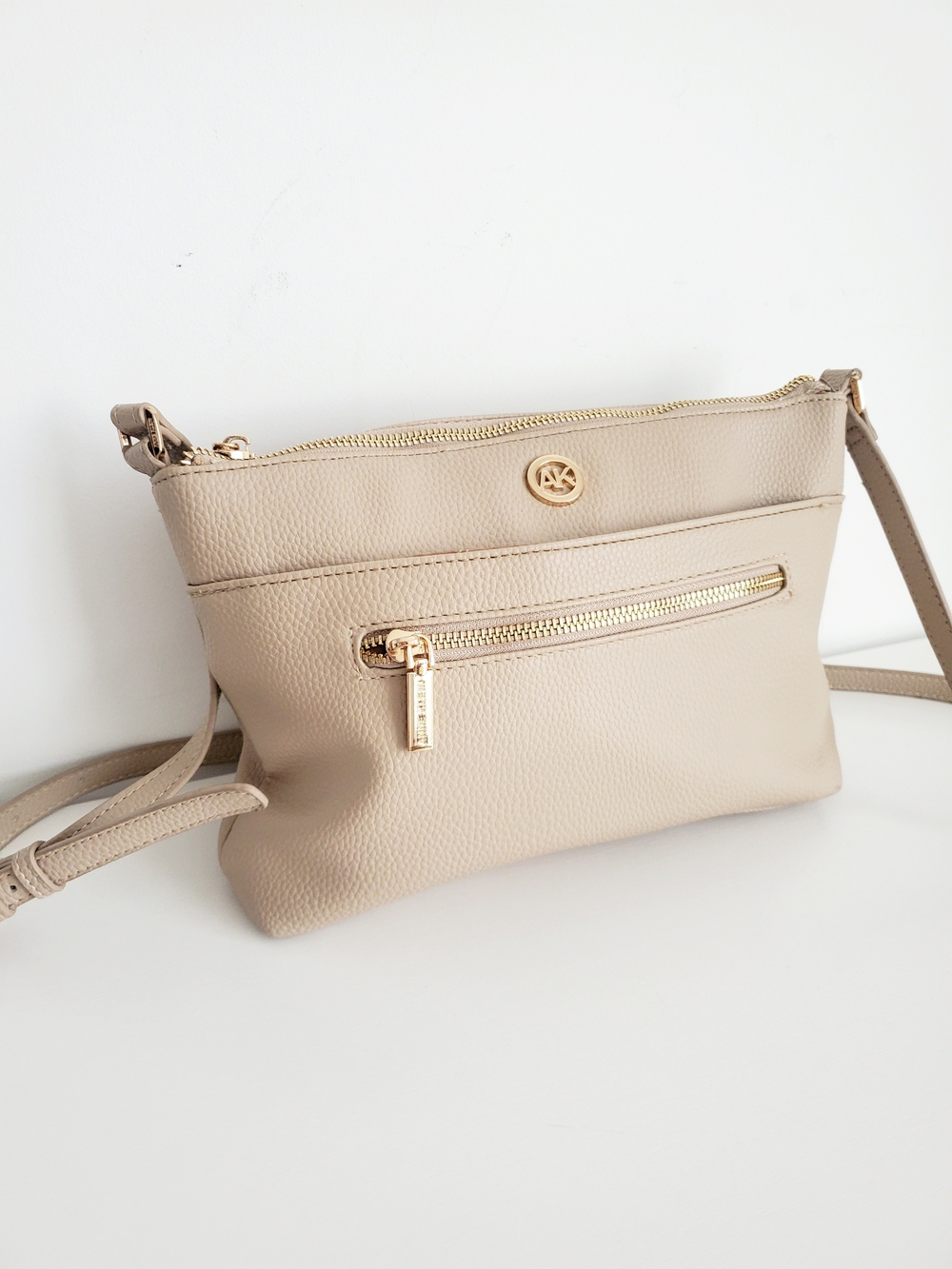 Anne Klein Beige Pebbled Leather Crossbody with Gold Hardware